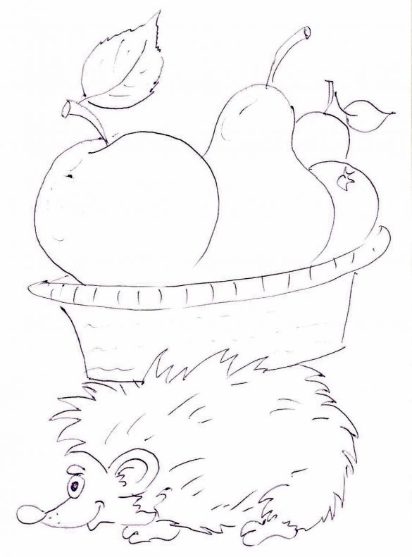 Kolorowanka jabłka w koszyku niesionym przez jeża